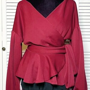 Size XL Burgundy Poofy Sleeve Wrap Around Waist Tie Peplum Blouse by Sheln